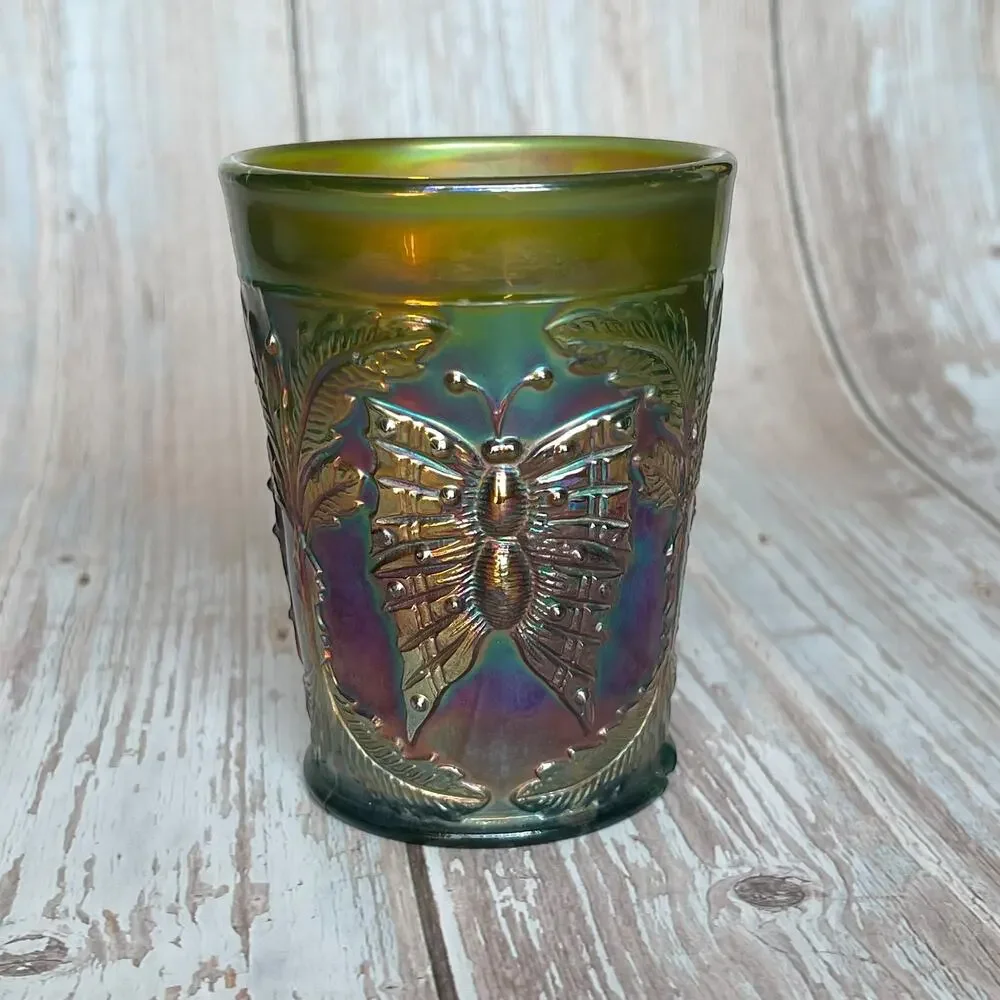 Antique Fenton Butterfly & Fern Green Carnival Glass Tumbler c1910 Variant